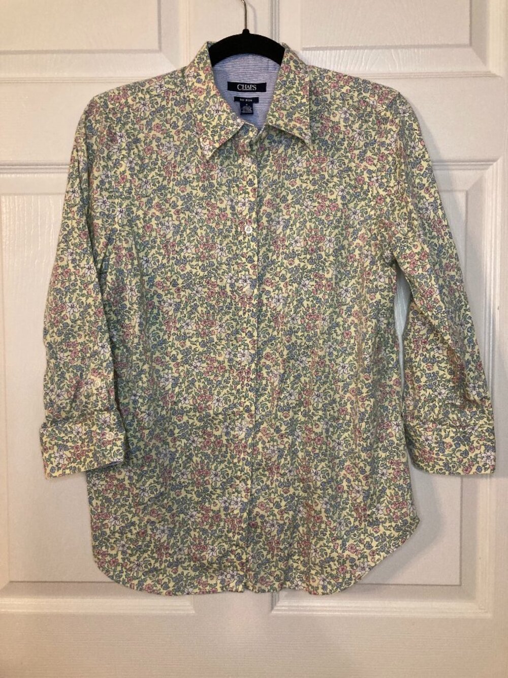 Chaps Women's Yellow Floral 3/4 Sleeve Button Down Shirt - 100% Cotton - Size M